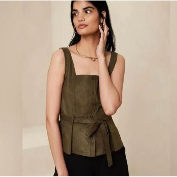 NWT Banana Republic Lucie Vegan Suede Button Down Top Size 12 Olive Green Belted - Picture 1 of 7